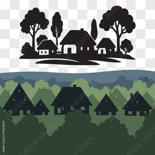 Traditional Village Silhouette with Thatched Roof Houses and Trees