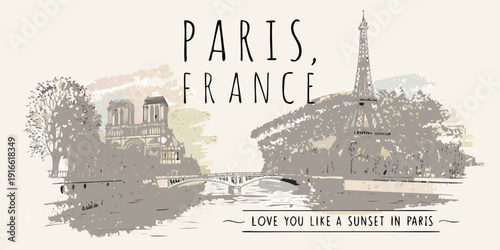 Paris france a sketched illustration featuring iconic landmarks and sunset hues