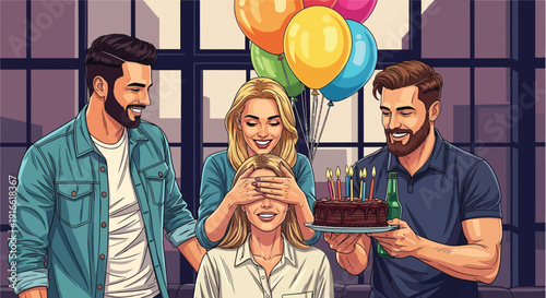 Friends surprising young woman with chocolate cake and balloons