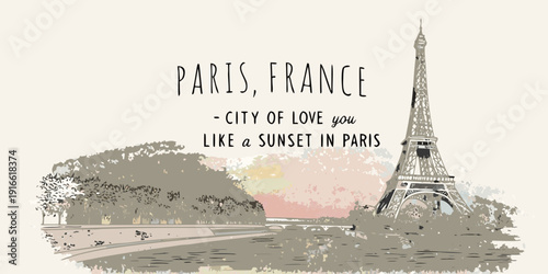 Paris france a watercolor illustration of the eiffel tower and city