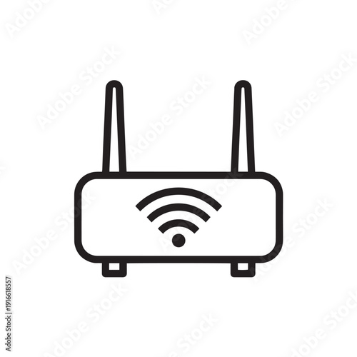 Simple black and white outline icon depicting a wireless wifi internet router with dual antennas transmitting signal