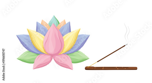 Colorful lotus flower with incense stick and smoke on white background for meditation and relaxation