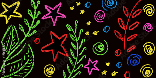 Colorful chalk drawings of stars swirls leaves and floral elements on black