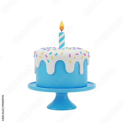 Charming blue birthday cake with a lit candle, colorful sprinkles, and dripping white frosting, delightful dessert.
