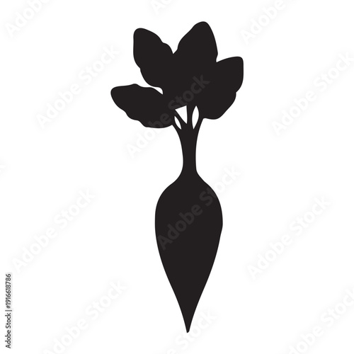 Root Vegetable Silhouette With Leafy Top, Minimal Bulbous Radish Or Turnip Icon For Farming, Organic Produce And Harvest Design