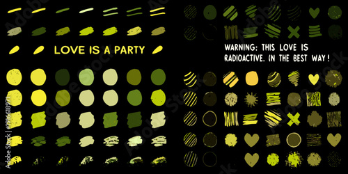 Abstract arrangement of yellow and green shapes with text overlays