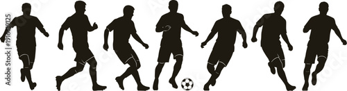 A professional set of black soccer player silhouettes in various action poses including running and dribbling a football on white.