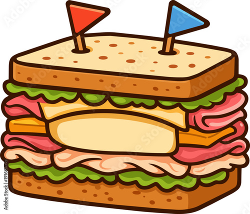 Club sandwich with toasted bread, layers of ham, turkey, cheese, lettuce and sauce, secured with two small toothpick flags.