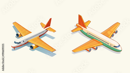 A pair of modern stylized passenger airplanes illustrated in an isometric view, symbolizing efficient air travel, global connections, and seamless transportation journeys