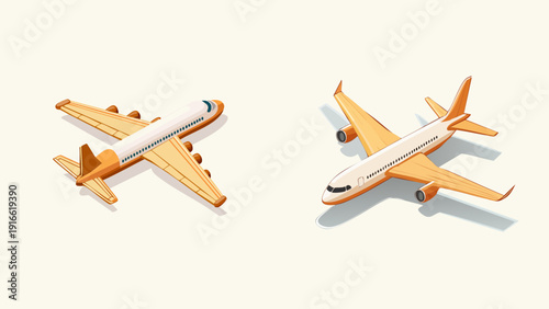 Two orange and white airplanes in a simple isometric illustration style against a light cream background