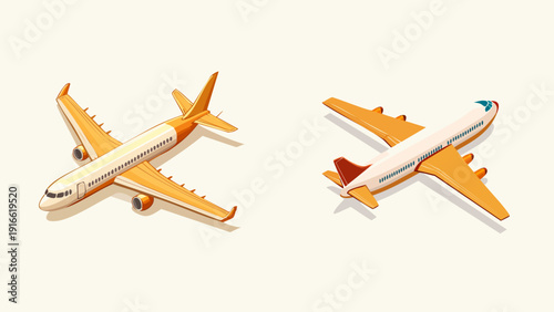 Two modern passenger airplanes in isometric view, one with orange and white livery and another with red and white accents