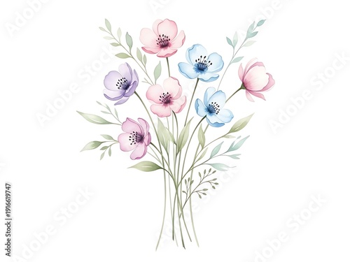 Watercolor anemone flowers bouquet hand painted spring blooms soft pastel colors floral illustration isolated on white background