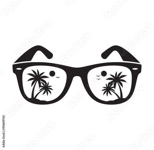 Glasses with tropical island view through lenses on white background