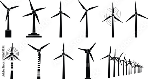 Black and white flat vector illustration set of wind turbine silhouettes for renewable green energy, electrical power, and sustainable environment concepts.