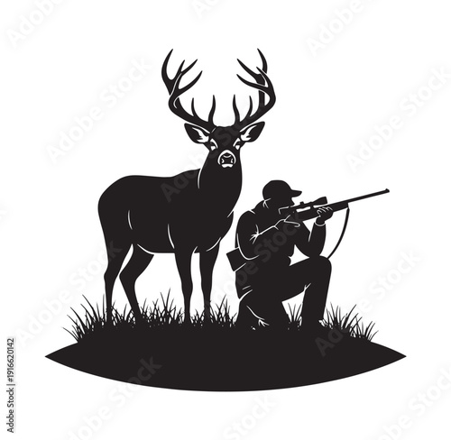 Man hunting deer with rifle in grassy field in black silhouette  wildlife hunting scene