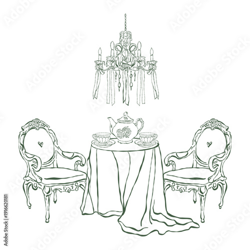 Romantic breakfast, English tea party. Elegant table setting, teapot, and teacups. The composition includes a table, chairs, crystal chandelier, and decor in the Rococo and Baroque styles. Hand-drawn