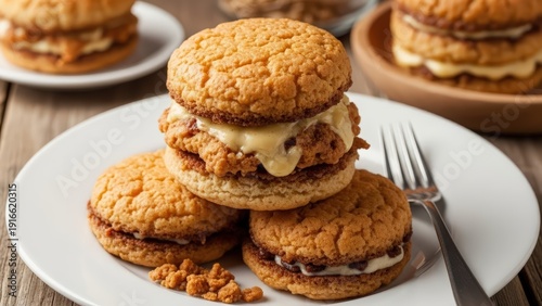 Stacked Oatmeal Cookie Sandwiches Filled with Creamy Filling and Crumbs