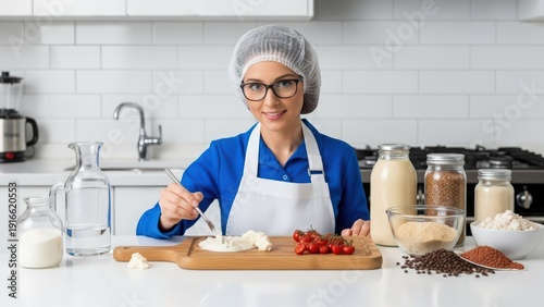 Woman in kitchen prepares fresh food ingredients with strawberries and dairy elements