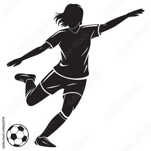 Dynamic soccer player kicking ball during intense sports action moment captured in silhouette style