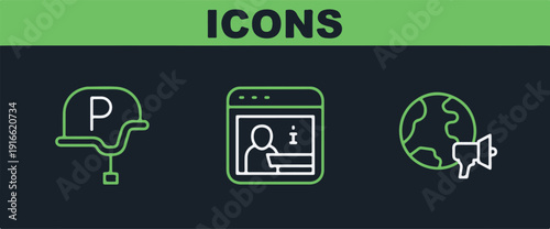 Set line World news, War journalist and Information icon. Vector