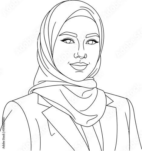 Simple black and white outline drawing of a confident businesswoman wearing a traditional hijab and professional suit jacket smiling warmly