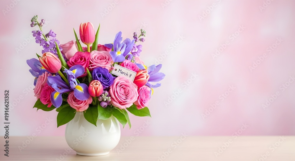 Obraz premium Vibrant spring flower bouquet in white vase on pastel pink background