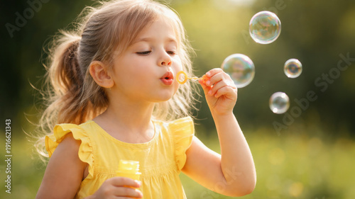 Little girl blowing soap bubbles in sunny park, joyful childhood summer play and carefree happiness concept.