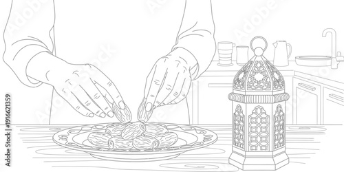 Person carefully placing sweet dried dates onto a decorative plate beside an ornate geometric lantern suitable for Ramadan traditions