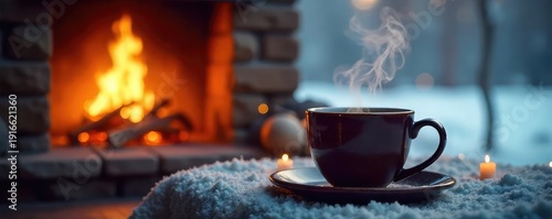 A cozy winter scene featuring a steaming mug beside a crackling fireplace, illuminated by soft, warm light, creating a tranquil and inviting atmosphere perfect for a chilly evening , chill, steam