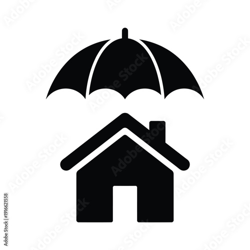 A black silhouette depicting a house protected by an umbrella