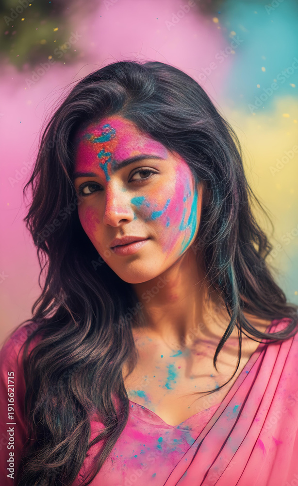 Naklejka premium Beautiful Indian women celebrating Holi rangpanchami dhulivandan with vibrant colors and joyful laughter