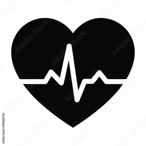 A black heart shape contains a white electrocardiogram heartbeat line