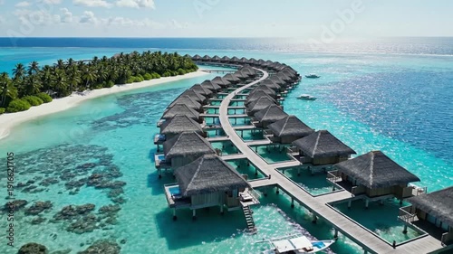 Beautiful water villas in Maldives with clear blue water and coral reefs surrounded by palm trees