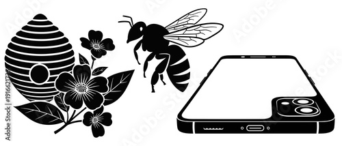 A black and white vector graphic illustration of a bee flying near a beehive and flowers next to a smartphone