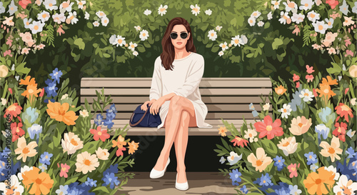 Young woman in sunglasses sitting on wooden bench in flower garden