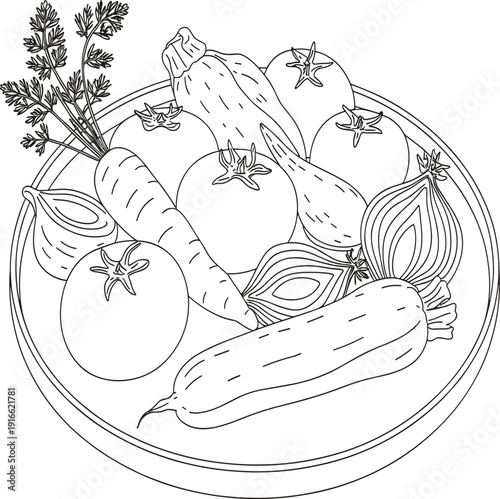 Assorted Vegetables in a Bowl Black and White Line carrot onion zucchini