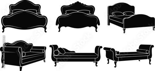 Set of Classic Bed and Luxury Furniture Silhouettes and Flat Vector Illustrations for Interior Home Design Bedroom Icons and Symbols