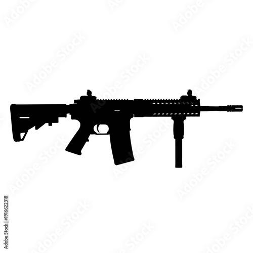 Detailed Silhouette of Modern Assault Rifle Isolated on White Background.
