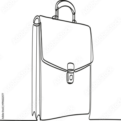 Black and white line of a standing school bag with a handle and a flap closure backpack