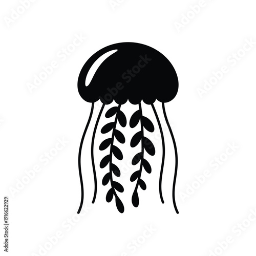 Simple black illustration of a jellyfish with flowing tentacles