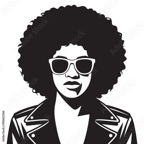 Illustration of a woman with voluminous curly hair wearing sunglasses and a leather jacket
