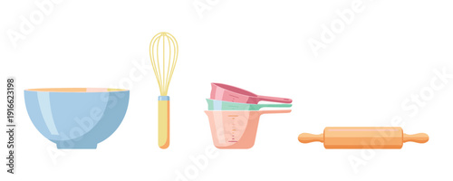 Baking tools vector set includes bowl whisk measuring cups and rolling pin isolated