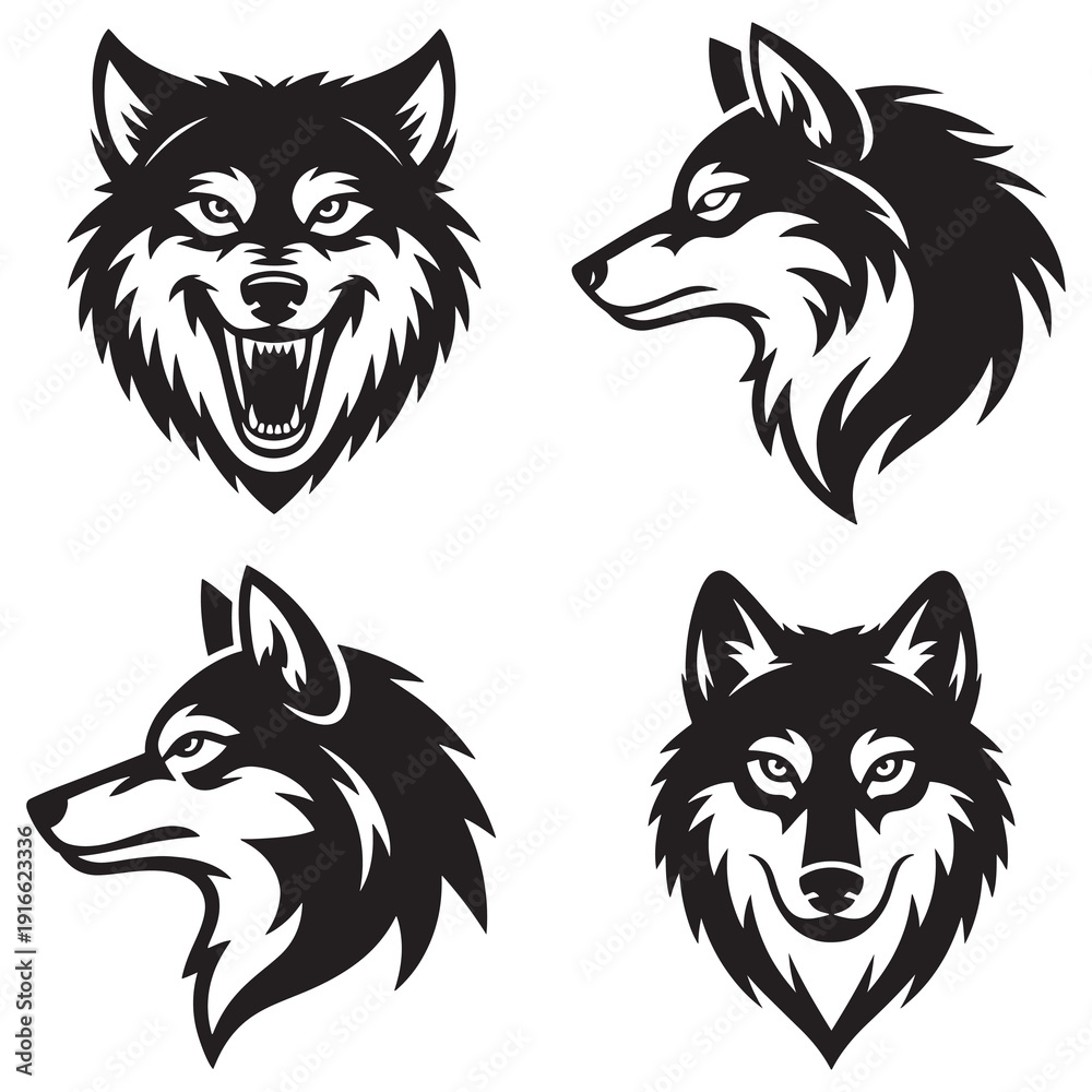 Obraz premium Four stylized black and white wolf head illustrations isolated on transparent background