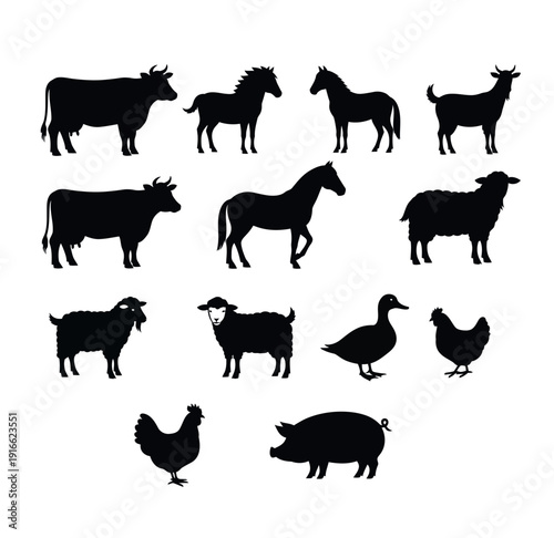 Farm Animal Silhouette Collection Black Vector Set