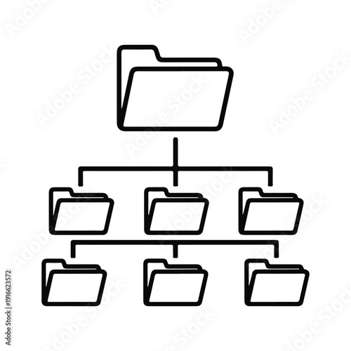 Formal black and white line art icon showing a folder with a hierarchical organizational chart structure inside