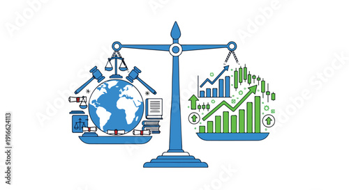 Scales of justice balancing global law and economic growth with financial charts and earth icon