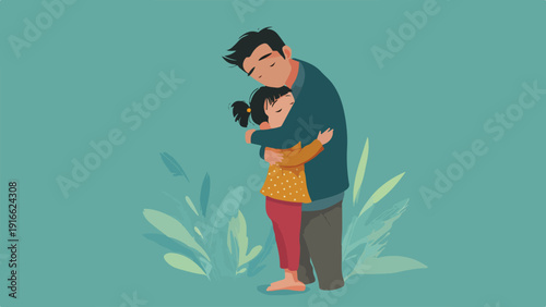 A tender hug between a father and daughter, surrounded by soft, stylized foliage
