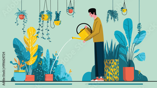 Person watering lush indoor plants in a modern, minimalist room with hanging planters