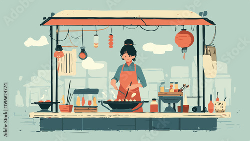 A person cooks food at a vibrant street stall adorned with lanterns and warm lighting