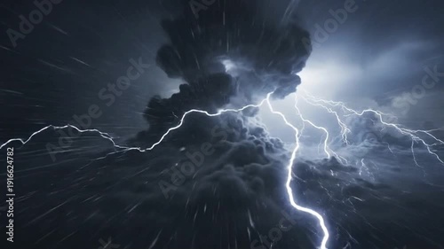 Dark clouds move fast across the night sky with flashes of light in the distance during a stormy weather event